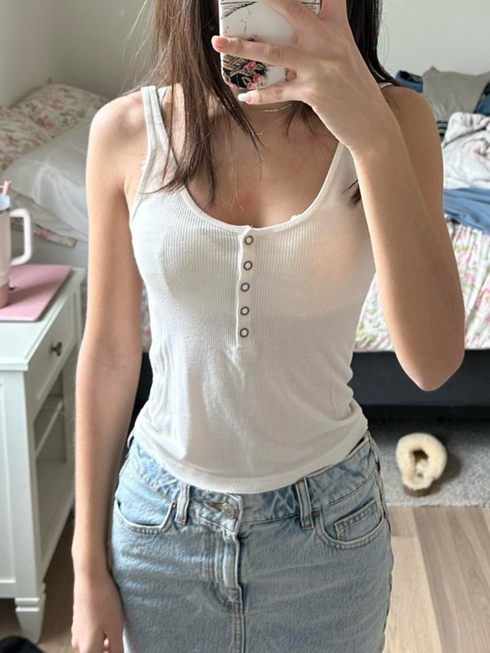 American Eagle Outfitters White Ribbed Henley Tank Top